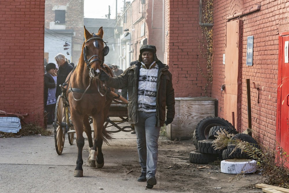 Dembe (Hisham Tawfiq) mène un cheval qui tire une carriole