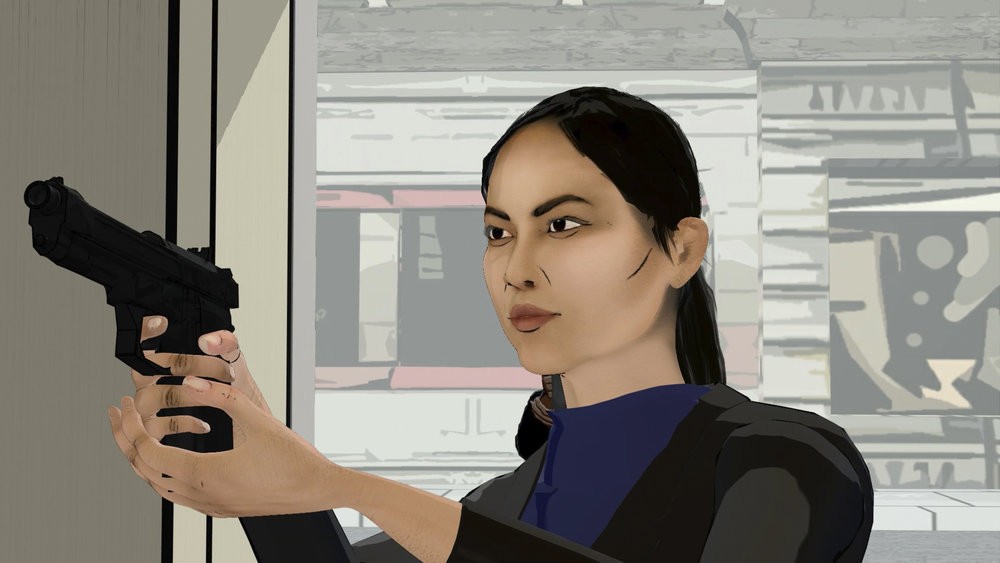 L'agent Alina Park, arme à la main, en version animée