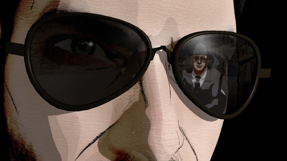 Reflet de Raymond Reddington dans les lunettes de l'un des frères Kazanjian, version animée