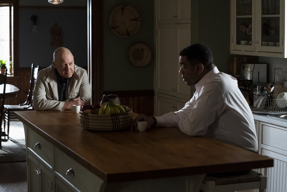 Reddington (James Spader) assis avec Harold Cooper (Harry Lennix) dans sa cuisine